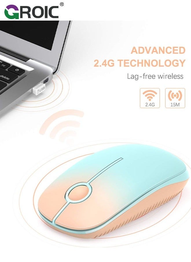 Wireless Mouse, 2.4G Slim Portable Computer Mouse with Nano Receiver, Less Noise Mobile Optical Mice for Notebook, PC, Laptop, Computer, Mac (Gradient Orange to Mint Green)