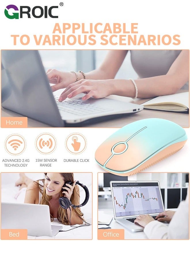 Wireless Mouse, 2.4G Slim Portable Computer Mouse with Nano Receiver, Less Noise Mobile Optical Mice for Notebook, PC, Laptop, Computer, Mac (Gradient Orange to Mint Green)