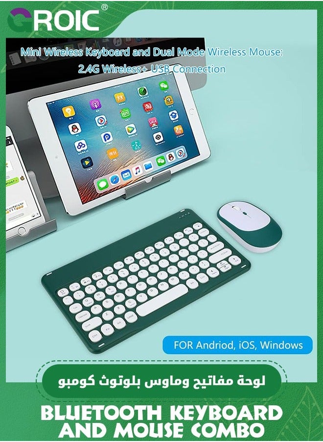 Ultra Slim Retro Green Bluetooth Keyboard and Mouse Combo, Compact Rechargeable Wireless for iPad, iPad Mini, Air Pro, iPhone, Windows Android Tablet Smartphone