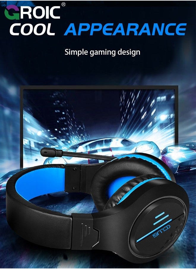 Blue Gaming Headset for PC PS5 PS4 Nintendo Xbox One Mac Laptop, Wired Stereo Over-Ear Headphones with Noise Cancelling Mic, Soft Memory Earmuffs Adults & Kids