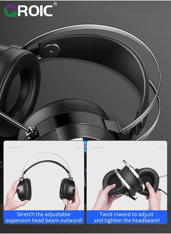 Black Wired Gaming Headset for PS4/PS5/PC/Xbox One, Ergonomic Design Over Ear with Stereo Microphone Sound, Computer USB Jack & RGB