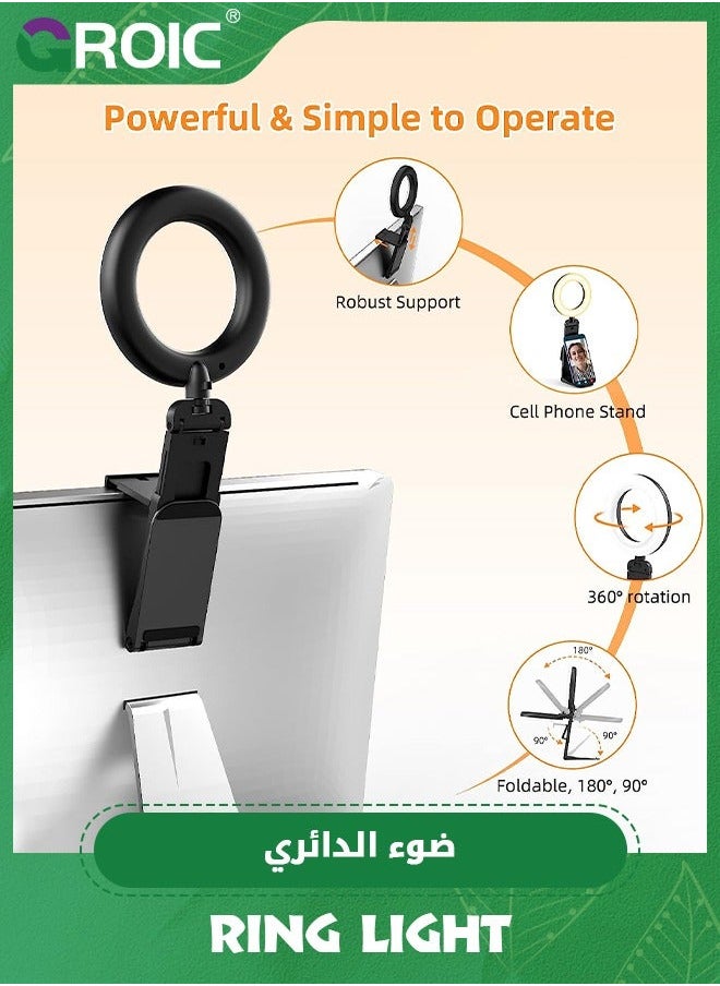Ring Light for Computer Laptop, Video Conference Lighting kit Zoom Meetings, Small Led Selfie Portable with Stand, Cell Phone Holder Desktop Skype Call Black
