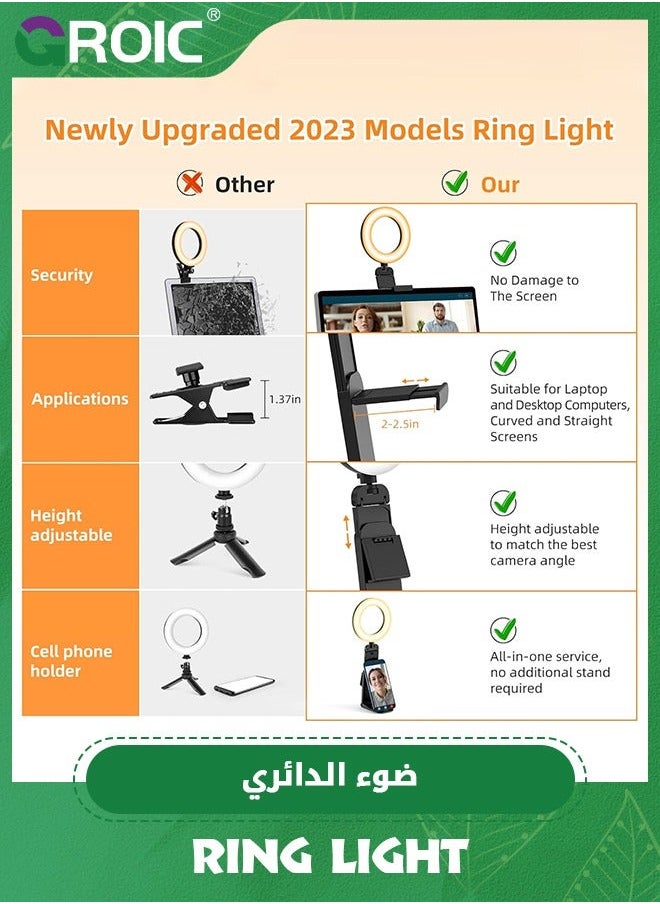Ring Light for Computer Laptop, Video Conference Lighting kit Zoom Meetings, Small Led Selfie Portable with Stand, Cell Phone Holder Desktop Skype Call Black