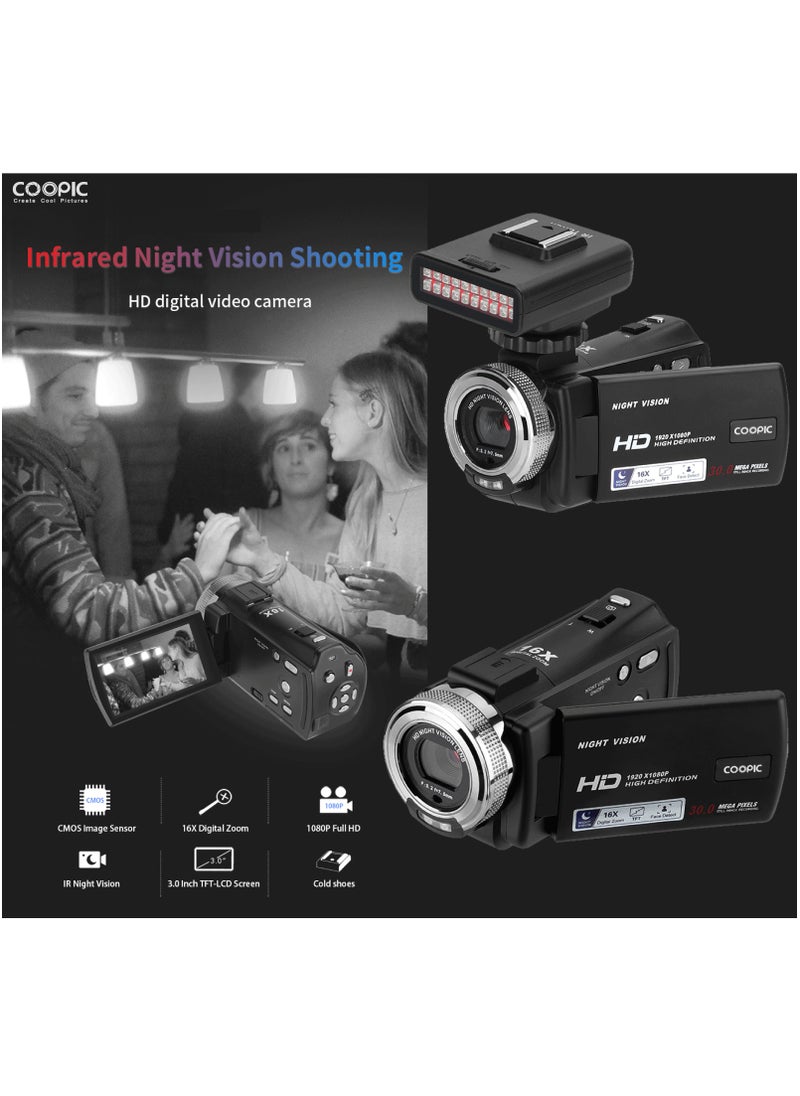 COOPIC V1000 3’’ TFT Anti-Shake Full HD 1080P Digital Video Camera | 30MP Photo, 16X Zoom, Night Vision, Compatible with Windows XP/7/8/10 for Vlogging and Content Creation - 270° Screen Rotation