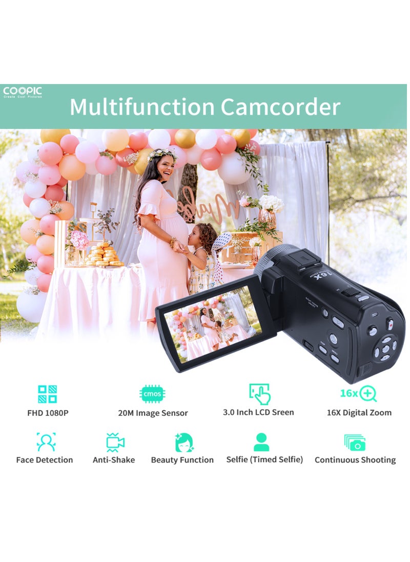 COOPIC V1000 3’’ TFT Anti-Shake Full HD 1080P Digital Video Camera | 30MP Photo, 16X Zoom, Night Vision, Compatible with Windows XP/7/8/10 for Vlogging and Content Creation - 270° Screen Rotation