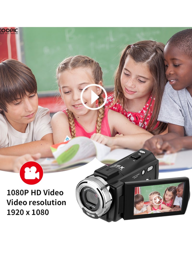 COOPIC V1000 3’’ TFT Anti-Shake Full HD 1080P Digital Video Camera | 30MP Photo, 16X Zoom, Night Vision, Compatible with Windows XP/7/8/10 for Vlogging and Content Creation - 270° Screen Rotation