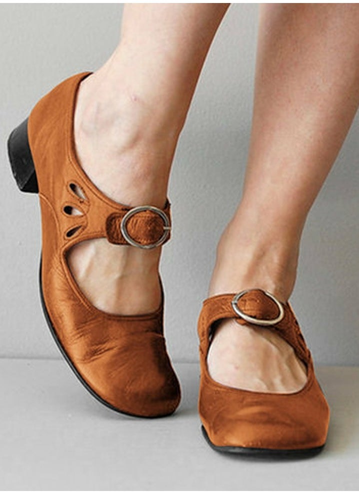 Women Round Toe Mary Janes Shoes Buckled Low Chunky Heels Work Pumps Brown