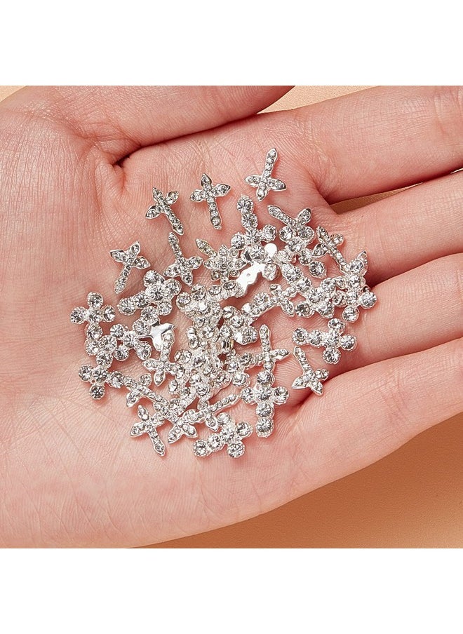 Nuanchu 40 Pcs Cross Nail Charm 3D Nails Art Tips Decoration Rhinestones Cross Charms for Nails Metal Nail Cross Charm Nail Jewelry Decor Glitter Nail Jewel Accessories for DIY Making(Silver)