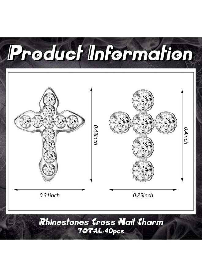 Nuanchu 40 Pcs Cross Nail Charm 3D Nails Art Tips Decoration Rhinestones Cross Charms for Nails Metal Nail Cross Charm Nail Jewelry Decor Glitter Nail Jewel Accessories for DIY Making(Silver)