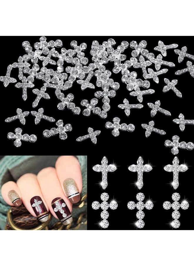 Nuanchu 40 Pcs Cross Nail Charm 3D Nails Art Tips Decoration Rhinestones Cross Charms for Nails Metal Nail Cross Charm Nail Jewelry Decor Glitter Nail Jewel Accessories for DIY Making(Silver)