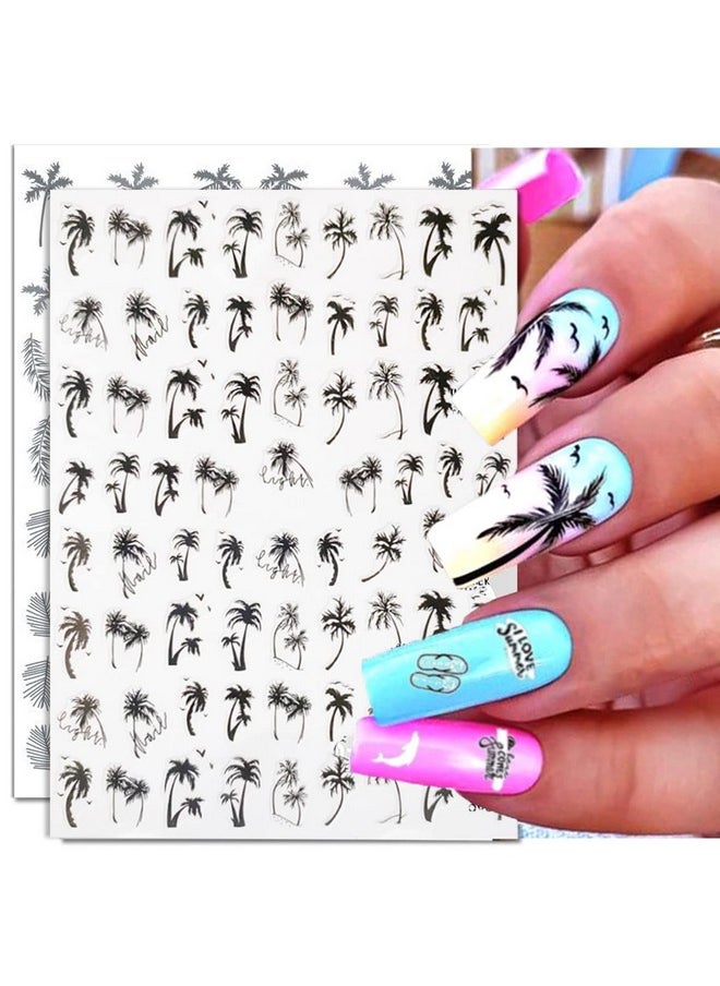 Summer Coconut Tree Nail Stickers Palm Tree Leaf Designer Nail Decals for Summer Nails Art Decorations Supplies 3D Self-Adhesive Black Gray Tropical Style Summer Nail Art Stickers for Women, 6Sheets