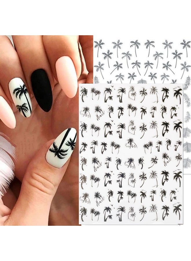 Summer Coconut Tree Nail Stickers Palm Tree Leaf Designer Nail Decals for Summer Nails Art Decorations Supplies 3D Self-Adhesive Black Gray Tropical Style Summer Nail Art Stickers for Women, 6Sheets