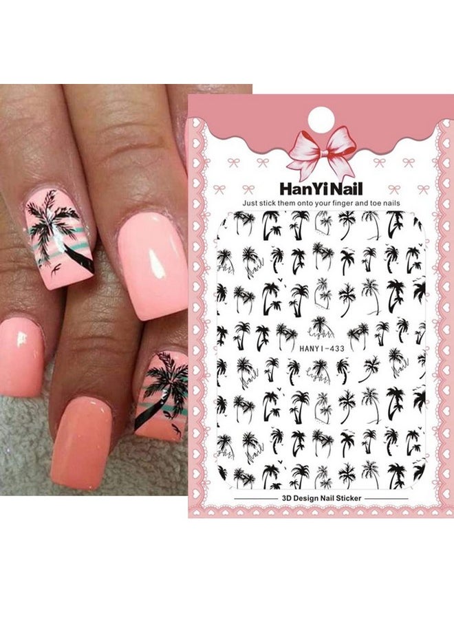 Summer Coconut Tree Nail Stickers Palm Tree Leaf Designer Nail Decals for Summer Nails Art Decorations Supplies 3D Self-Adhesive Black Gray Tropical Style Summer Nail Art Stickers for Women, 6Sheets