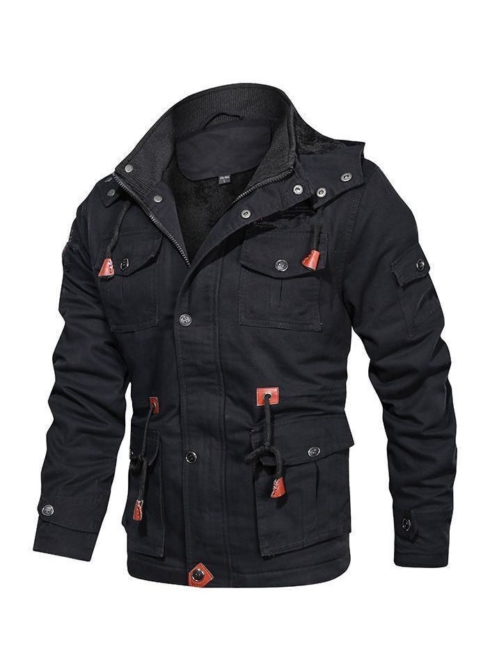 Men's Trench Cloose Standing Collar Hooded Jacket Black