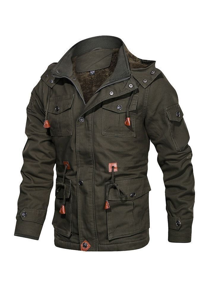 Men's Trench Cloose Standing Collar Hooded Jacket Drmy Green