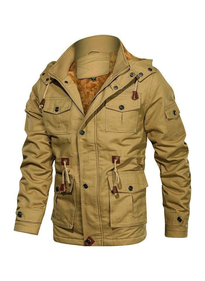 Men's Trench Cloose Standing Collar Hooded Jacket Khaki