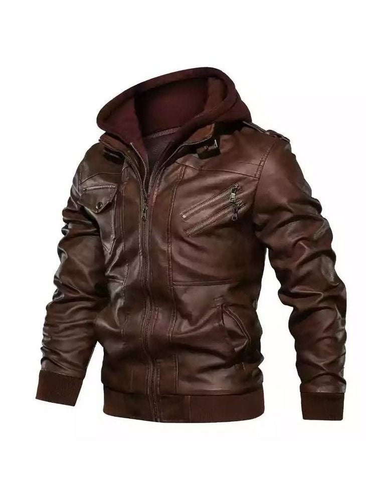 Men's Standing Collar Casual Hooded Jacket Brown