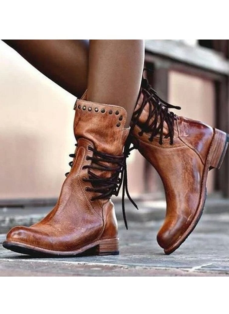 Womens Rivet Lace Up Rear Zipper Boots Vintage Boots Brown