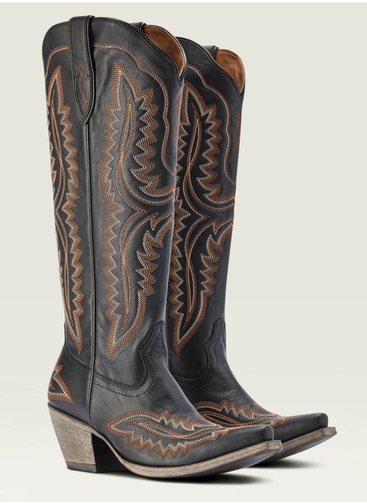 Cowboy Boots For Women Western Embroidered Cowgirl Boots Chunky Heel Wide Tube Boots Pull on Pointy Toe Vintage Boots Black/Brown