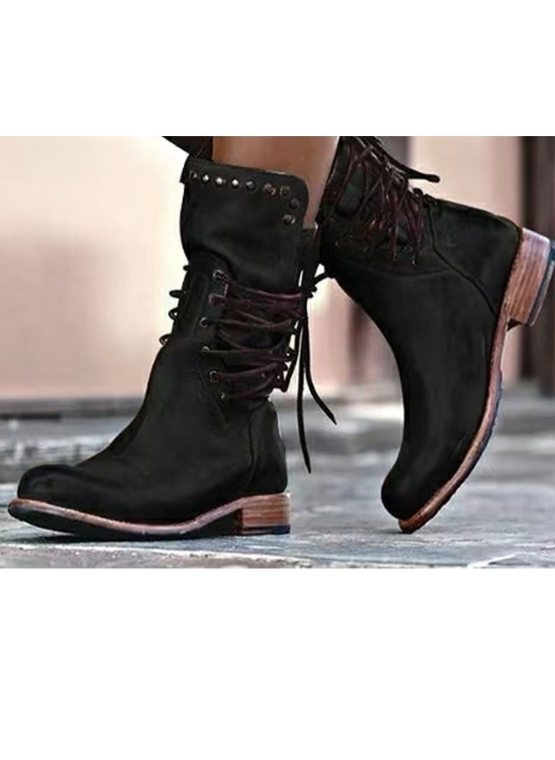 Womens Rivet Lace Up Rear Zipper Boots Vintage Boots Black