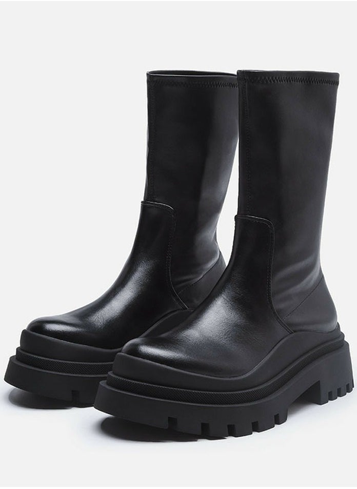 Women's Platform Boots Mid Calf Elastic Chunky Block Heel Elastic tube Martin Boots
