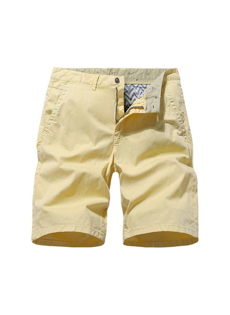 Men's Solid Color Casual Pants, Elastic Pure Cotton Shorts Yellow