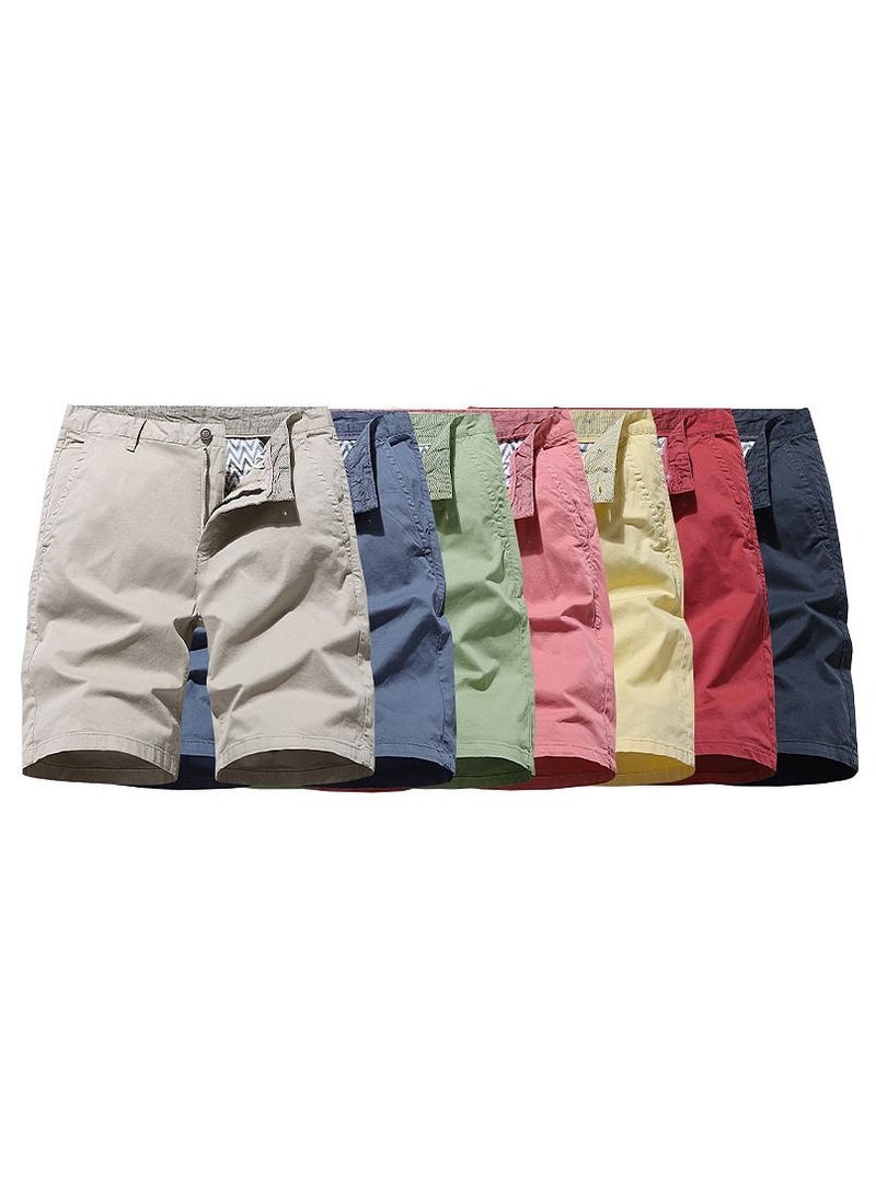 Men's Solid Color Casual Pants, Elastic Pure Cotton Shorts Yellow