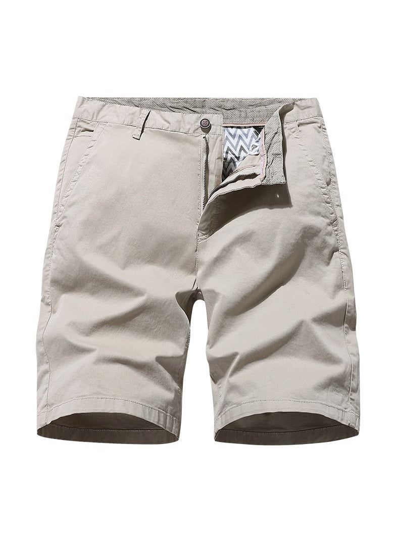 Men's Solid Color Casual Pants, Elastic Pure Cotton Shorts Khaki