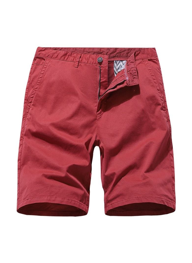 Men's Solid Color Casual Pants, Elastic Pure Cotton Shorts Red