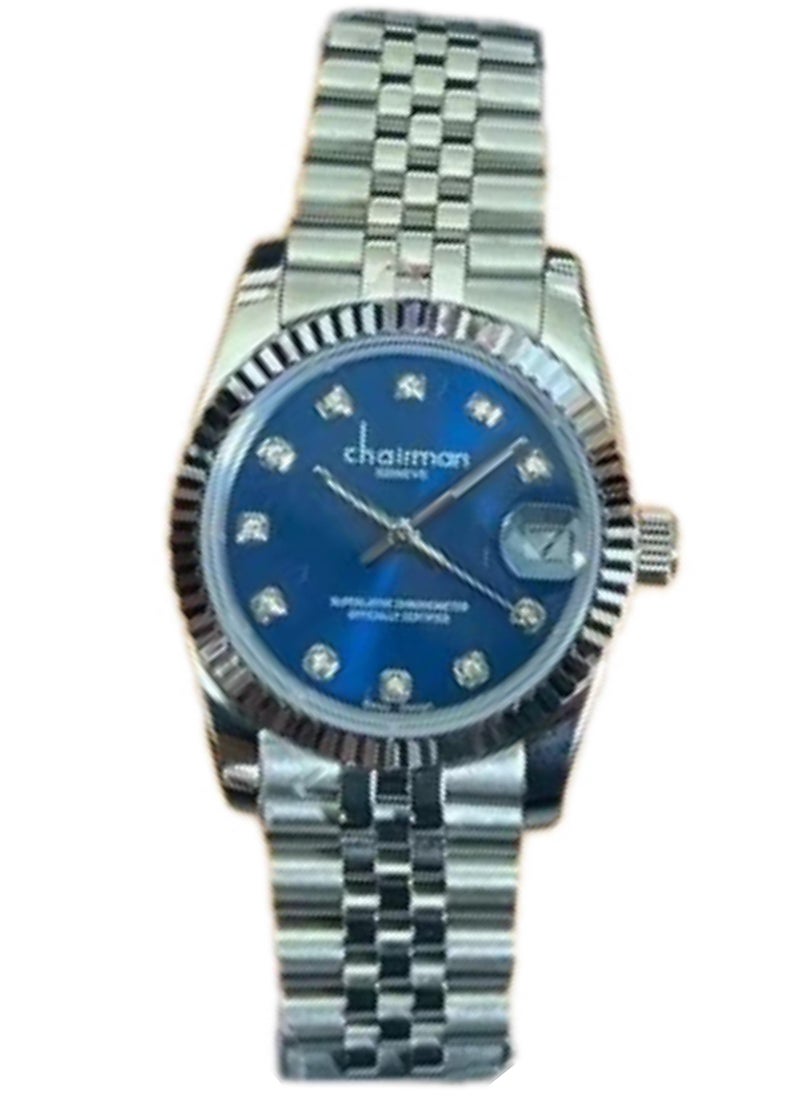 Chairman Geneve Women's Watch, Stainless Steel Band, Blue Dial with Stone, Date Display