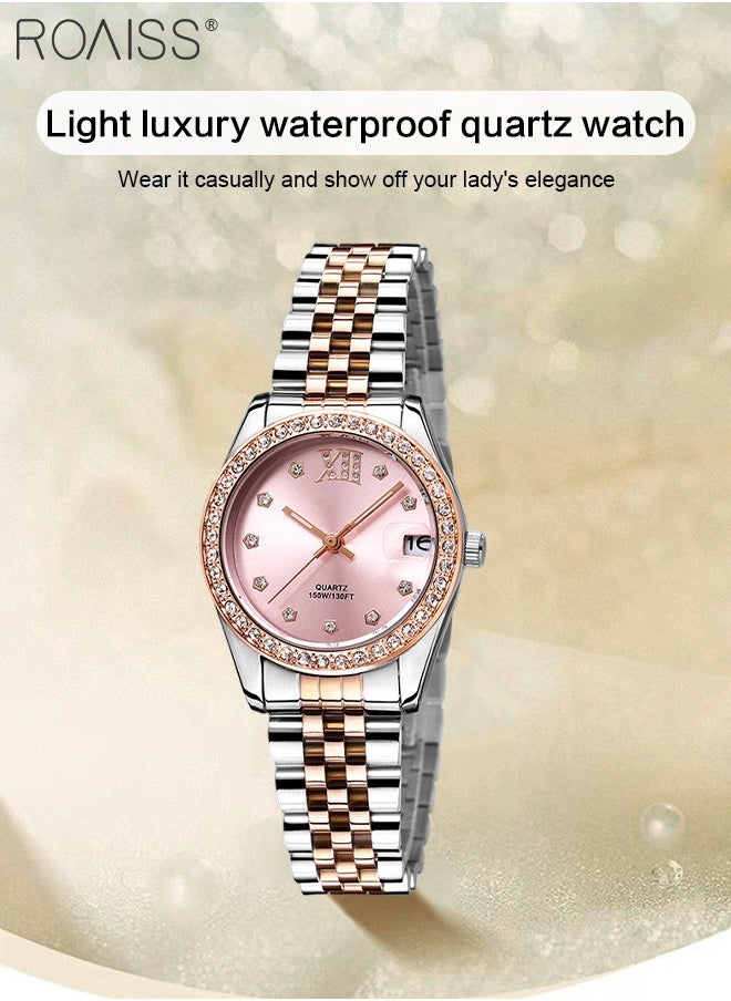 Women's Steel Band Quartz Watch, Analog Display Round Pink Dial with Diamonds Decoration, Waterproof Luxurious Fashion Wristwatch as Gift for Ladies