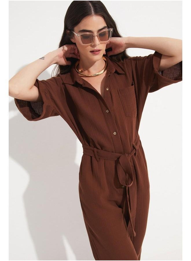 June Women Cotton Button Detailed Shirt Neck Jumpsuit Brown