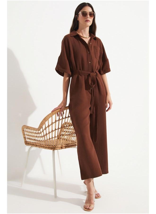 June Women Cotton Button Detailed Shirt Neck Jumpsuit Brown