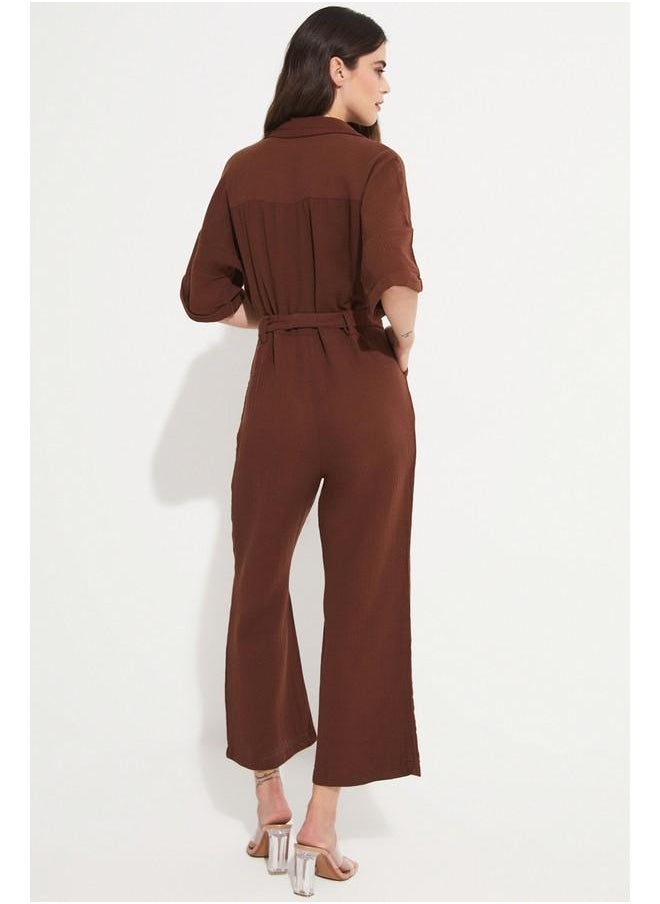 June Women Cotton Button Detailed Shirt Neck Jumpsuit Brown