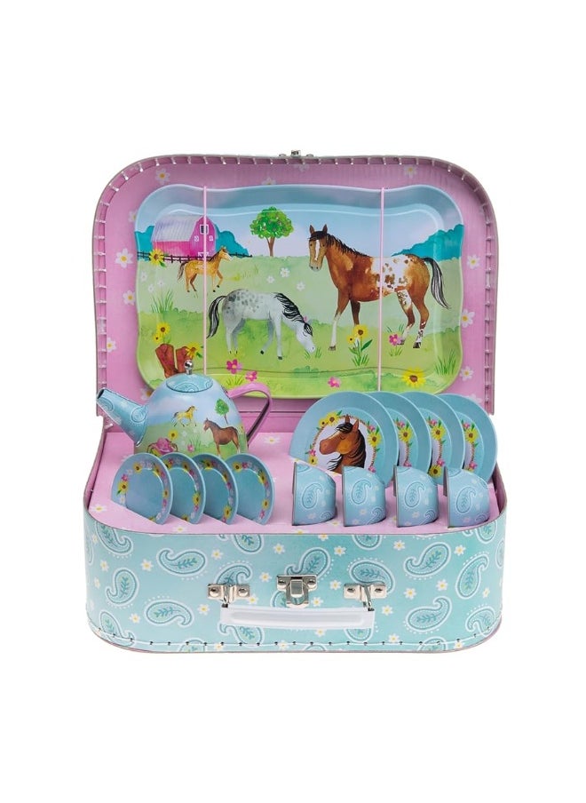 Jewelkeeper Toddler Toys Tea Set for Little Girls - 15 Pcs Tin Tea Set for Kids Tea Time Includes Teapot, 4 Tea Cup and Saucers Set & 4 Snack Plates, Horse Tea Party Set with Carrying Case