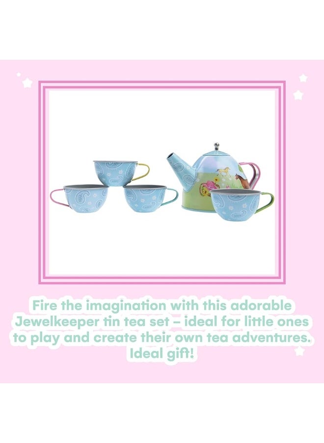 Jewelkeeper Toddler Toys Tea Set for Little Girls - 15 Pcs Tin Tea Set for Kids Tea Time Includes Teapot, 4 Tea Cup and Saucers Set & 4 Snack Plates, Horse Tea Party Set with Carrying Case