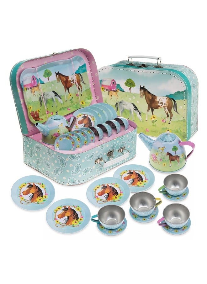 Jewelkeeper Toddler Toys Tea Set for Little Girls - 15 Pcs Tin Tea Set for Kids Tea Time Includes Teapot, 4 Tea Cup and Saucers Set & 4 Snack Plates, Horse Tea Party Set with Carrying Case