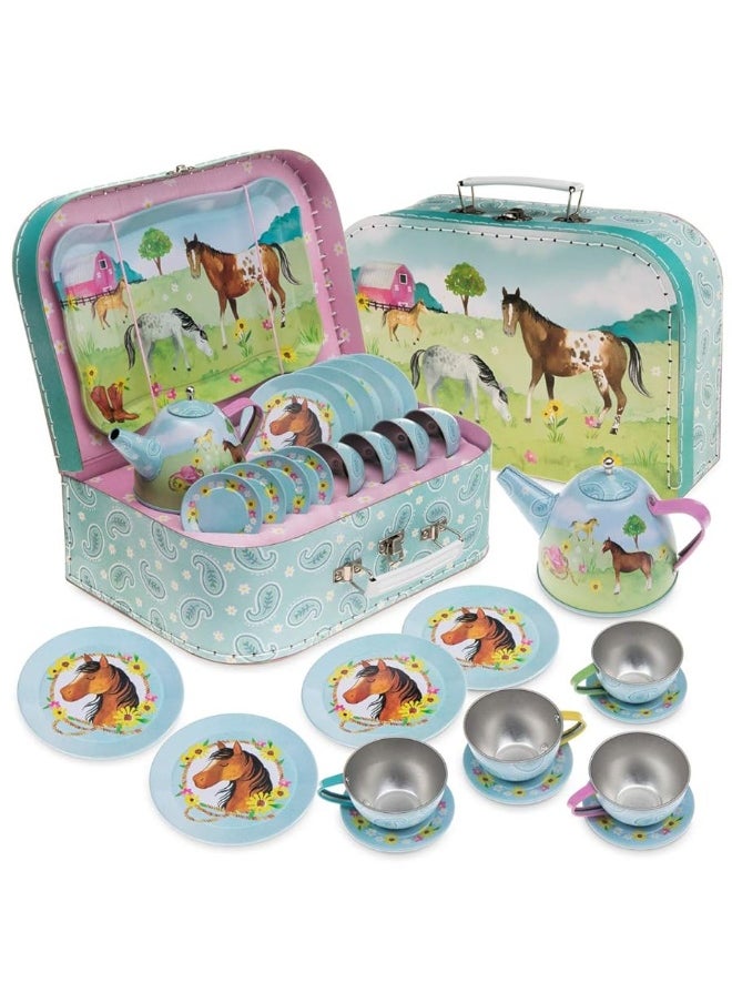 Jewelkeeper Toddler Toys Tea Set for Little Girls - 15 Pcs Tin Tea Set for Kids Tea Time Includes Teapot, 4 Tea Cup and Saucers Set & 4 Snack Plates, Horse Tea Party Set with Carrying Case