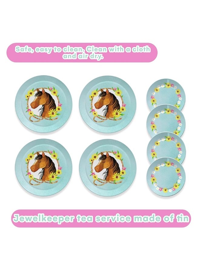 Jewelkeeper Toddler Toys Tea Set for Little Girls - 15 Pcs Tin Tea Set for Kids Tea Time Includes Teapot, 4 Tea Cup and Saucers Set & 4 Snack Plates, Horse Tea Party Set with Carrying Case