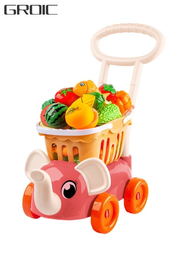 Cutting Play Food Toy for Kids Kitchen, Pretend Fruit &Vegetables Accessories with Elephant Shopping Storage Basket, Plastic Mini Dishes and Knife, Kitchen Playset