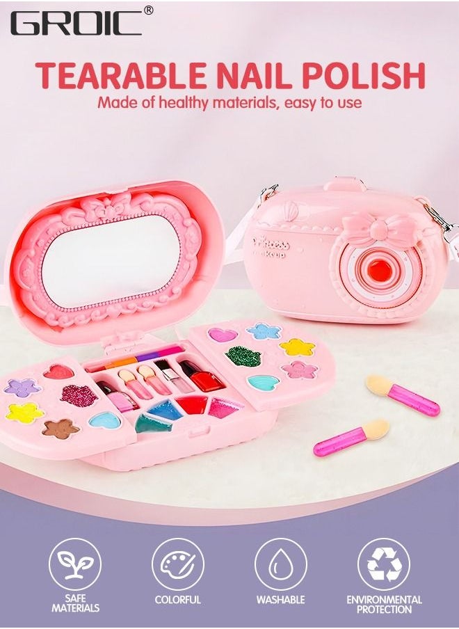 21 PCS Kids Makeup Kit Washable Kit, Girl Toys Real Cosmetic Set with Rotating Case, Safe & Non-Toxic Toy Pretend Beauty Portable Camera Box