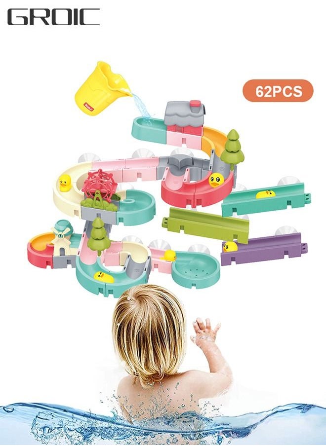 62 Pcs Kids Bath Toys Duck Slide Splash Smile Water Ball Track Stick to Wall Bathtub Toy for Toddlers DIY Waterfall Pipe and Tubes Tub with Suction Wheels Gift Boys Girls