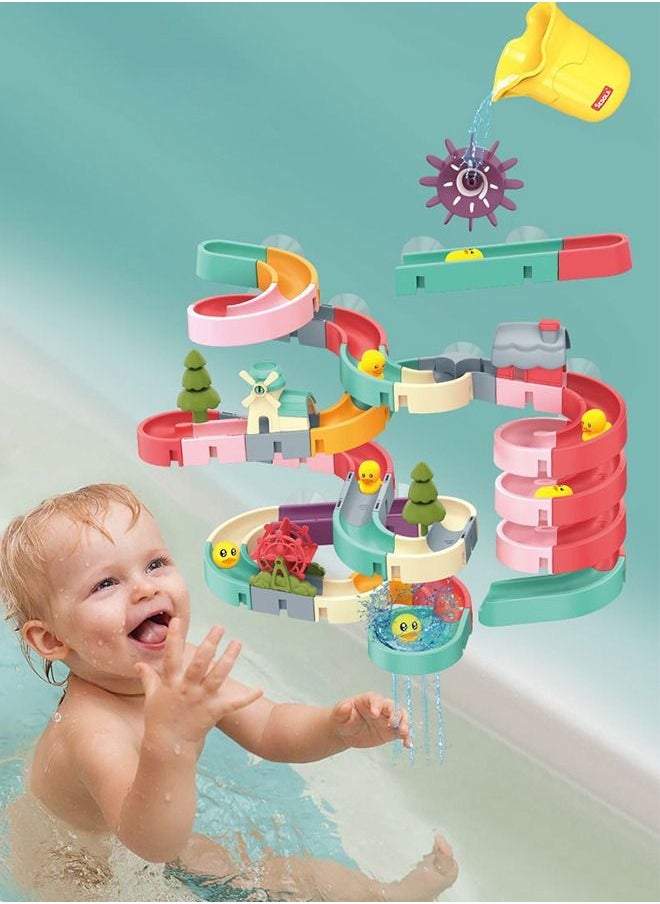 62 Pcs Kids Bath Toys Duck Slide Splash Smile Water Ball Track Stick to Wall Bathtub Toy for Toddlers DIY Waterfall Pipe and Tubes Tub with Suction Wheels Gift Boys Girls