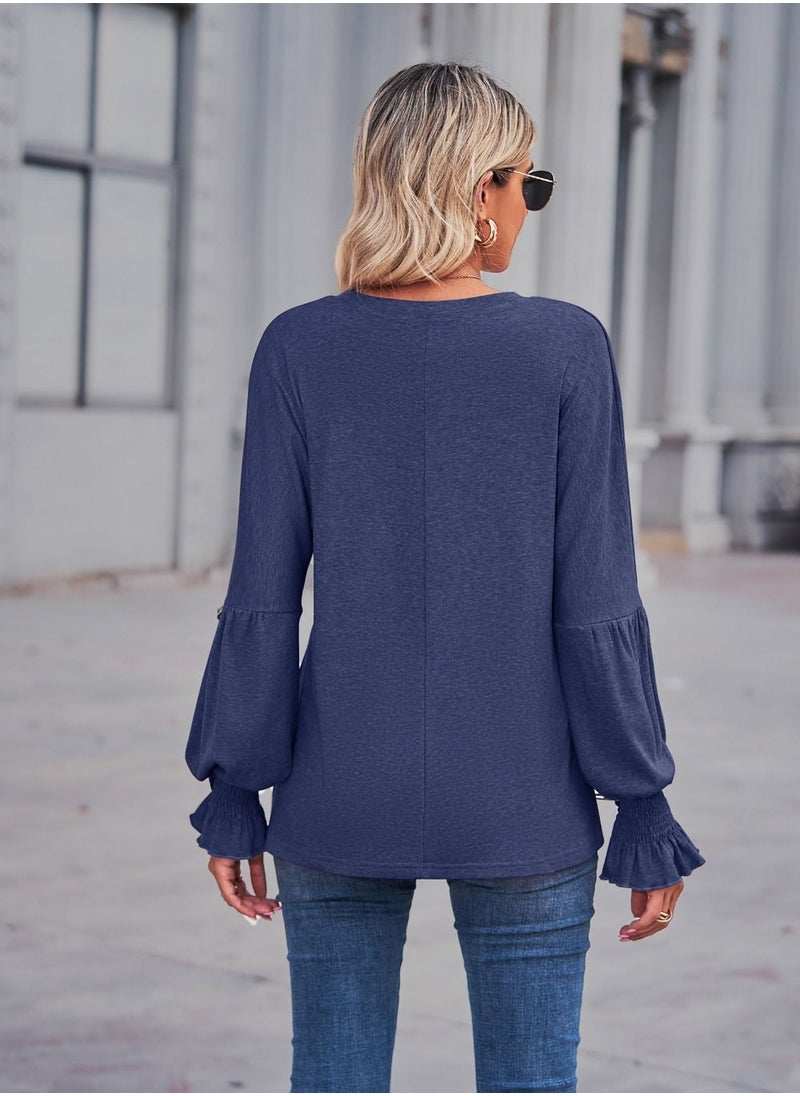 Solid Color Crewneck Top  Blue