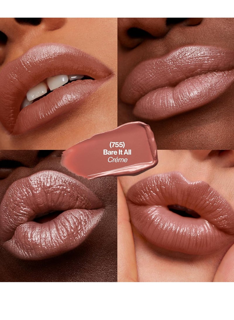 Super Lustrous Lipstick, Lip Makeup Gift, Stocking Stuffers for Women, Creamy, Moisturized Feel in Nudes & Browns, 0.15 oz 755 Bare It All