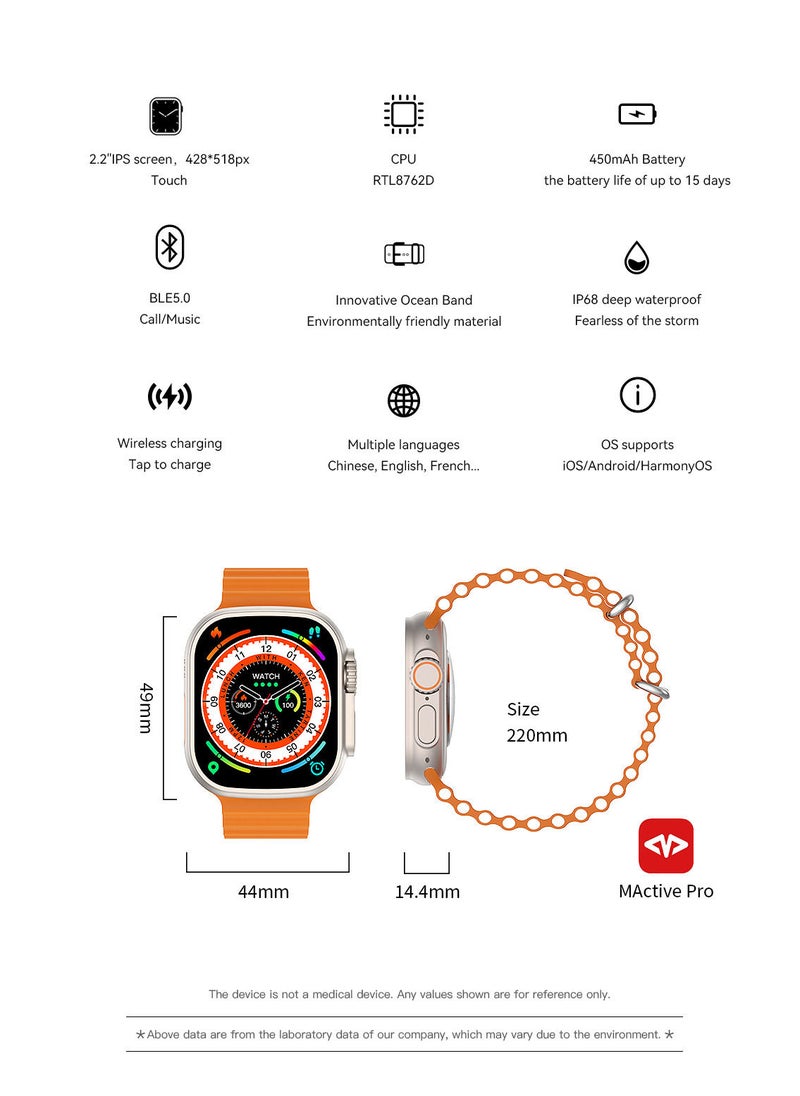 W68 Plus Ultra Watch 2.2 Inch Big Screen Display 390mAh Long Battery NFC IP68 Waterproof Bluetooth Ocean Band Smart Watch