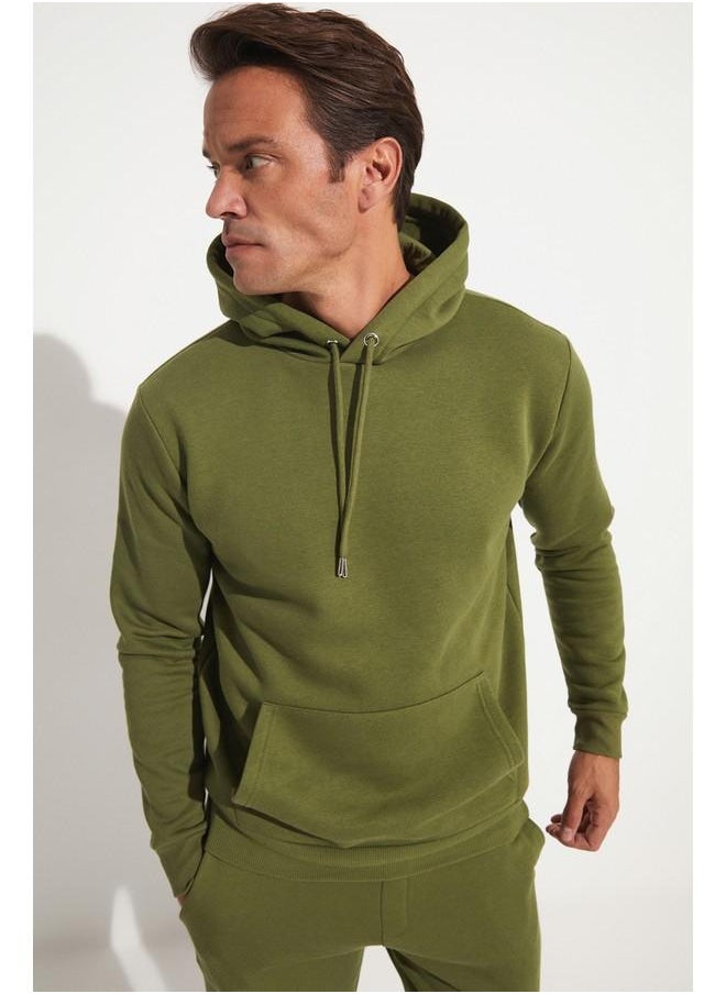 June Men Kangaroo Pocket Hooded Sweatshirt Khaki