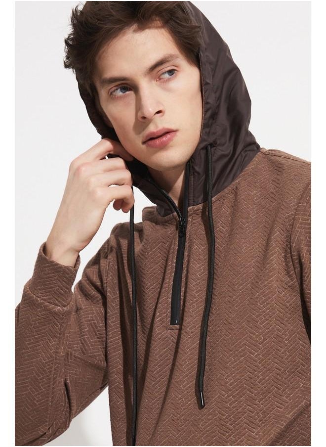 June Exclusive Men Half Zipper Hooded Sweatshirt Brown