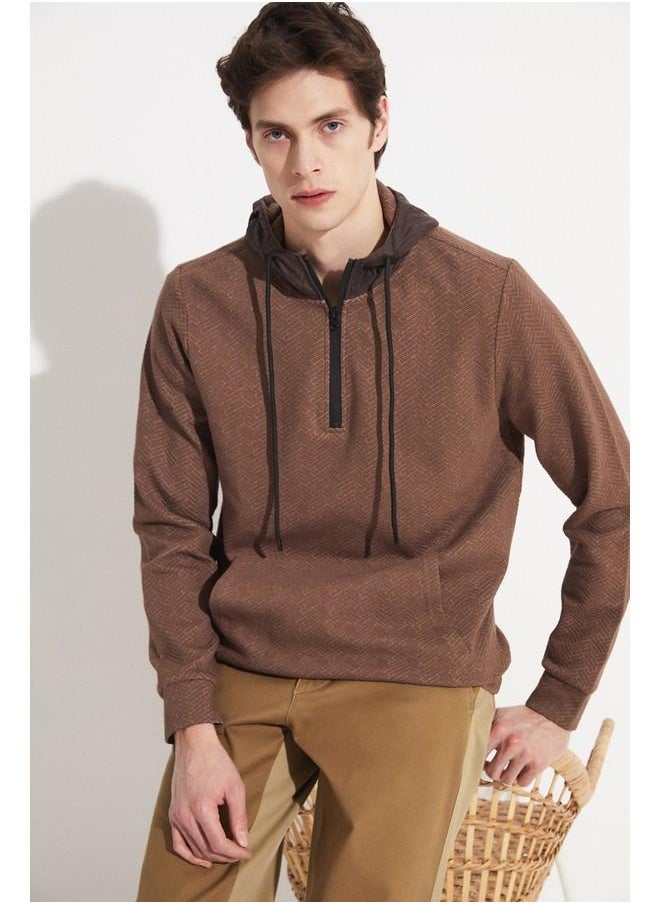 June Exclusive Men Half Zipper Hooded Sweatshirt Brown