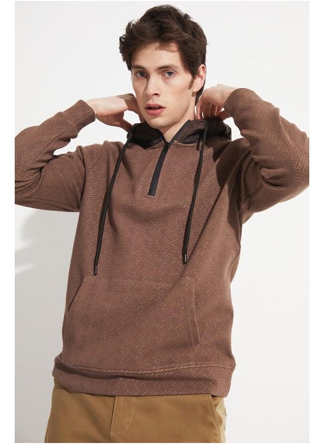 June Exclusive Men Half Zipper Hooded Sweatshirt Brown